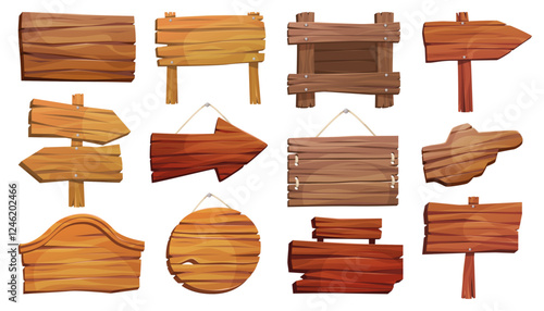 Wild west or old wooden board or empty sign. Vector set of retro billboard or vintage, rustic plaque. Cartoon timber information shield or signboard. Arrow for direction and guidance. Desert banner