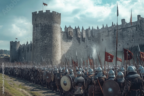 Group of armored medieval soldiers approaching massive castle walls with battlements and watchtowers under a cloudy sky emphasizing the magnitude of fortress and soldiers' preparedness