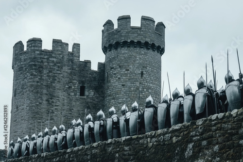 Rowing medieval knights standing in front of ancient stone castle during overcast day insert a sense of history and grandeur to the scene