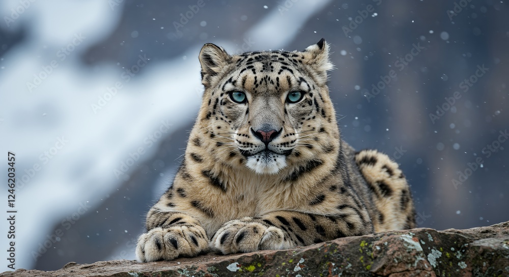 Fototapeta premium Majestic snow leopard in winter landscape, gazing intently.
