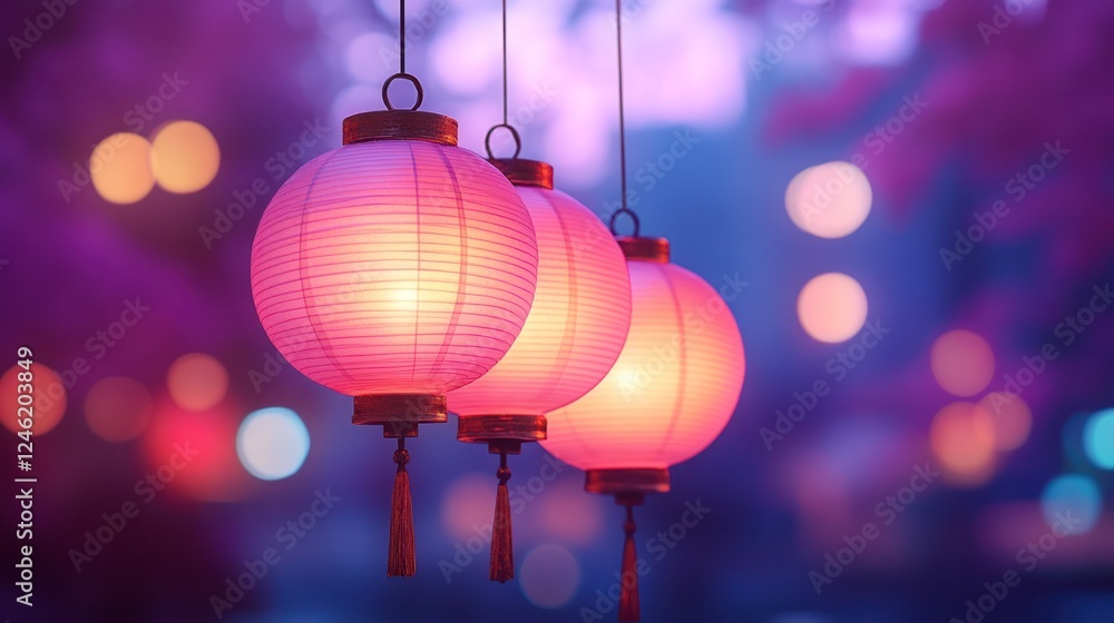 Pink lanterns glow, night festival bokeh Pink lanterns glow, night festival bokeh