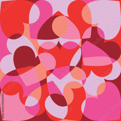 Abstract colorful heart collage with overlapping shapes in red, pink, and orange tones. Modern romantic background perfect for Valentine's Day or love-themed designs.