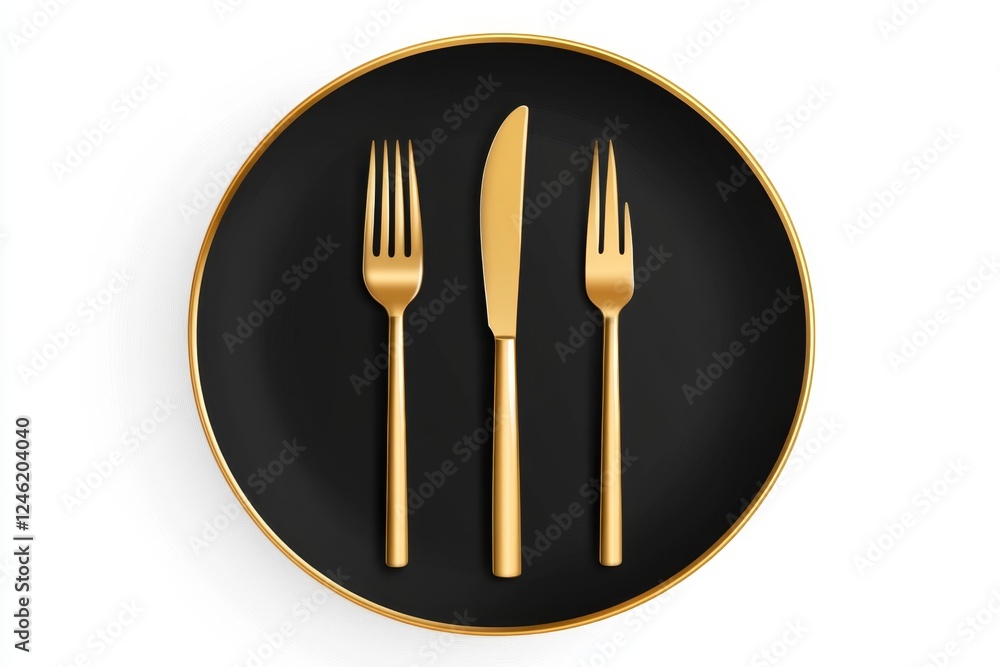 Gold cutlery on black plate, overhead view, white background, menu design (1) Gold cutlery on black plate, overhead view, white background, menu design (1)