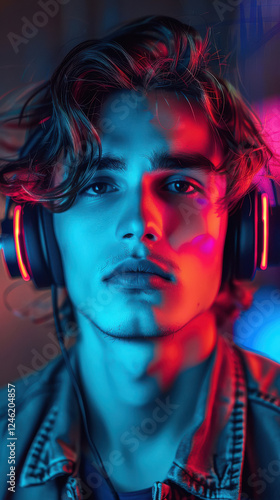 young man wearing headphones blue neon style