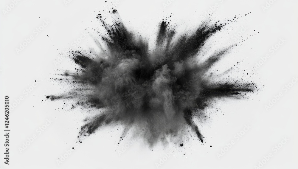 Black powder explosion on white background, studio shot, design element Black powder explosion on white background, studio shot, design element