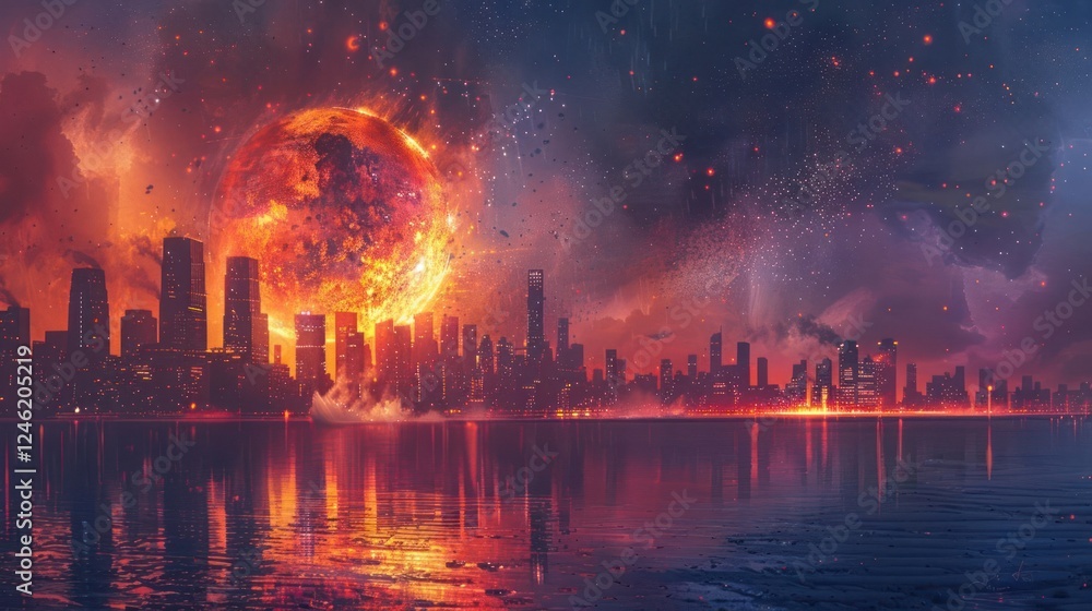 Apocalyptic cityscape at sunset with a massive fiery planet looming over a skyline Apocalyptic cityscape at sunset with a massive fiery planet looming over a skyline