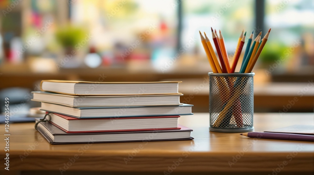 A wooden table with a stack of books and a glass jar filled with colored pencils. The background is slightly blurred, emphasizing the objects on the table. A wooden table with a stack of books and a glass jar filled with colored pencils. The background is slightly blurred, emphasizing the objects on the table.