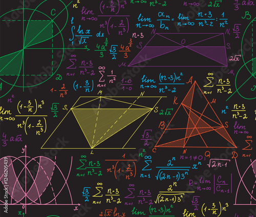 Multicolored vector seamless pattern with handwritten mathematical formulas, equations and figures