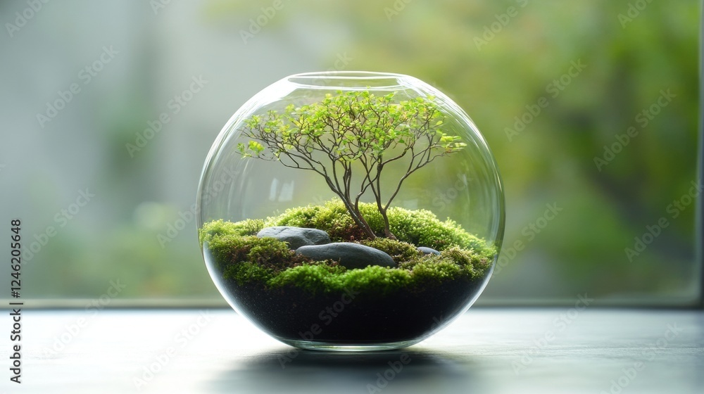 Miniature garden inside a glass terrarium. Miniature garden inside a glass terrarium.