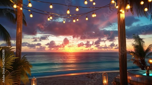 Tropical Sunset Beach Party: String lights illuminate a romantic beachside scene at sunset, casting a warm glow on the ocean and palm trees. Perfect for travel, vacation, and summer themes. 