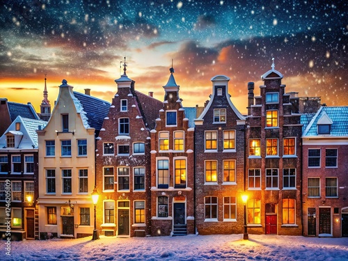 Silhouetted Leiden homes, a winter wonderland. photo