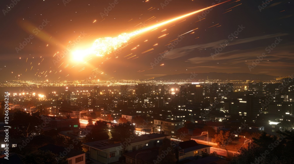Fototapeta premium Bright meteor streaking across a city skyline at night, illuminating buildings and streets below