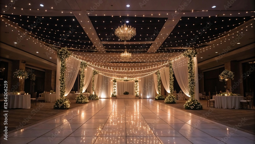 Obraz premium Beautifully decorated wedding reception venue with twinkling lights and floral arrangements, empty setting