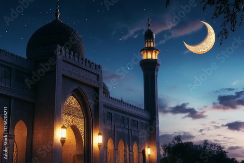 Night Mosque Crescent Moon Ramadan Prayer Celebration