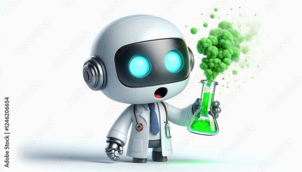 Robot scientist conducting experiments with green liquid in laboratory environment fun concept Robot scientist conducting experiments with green liquid in laboratory environment fun concept