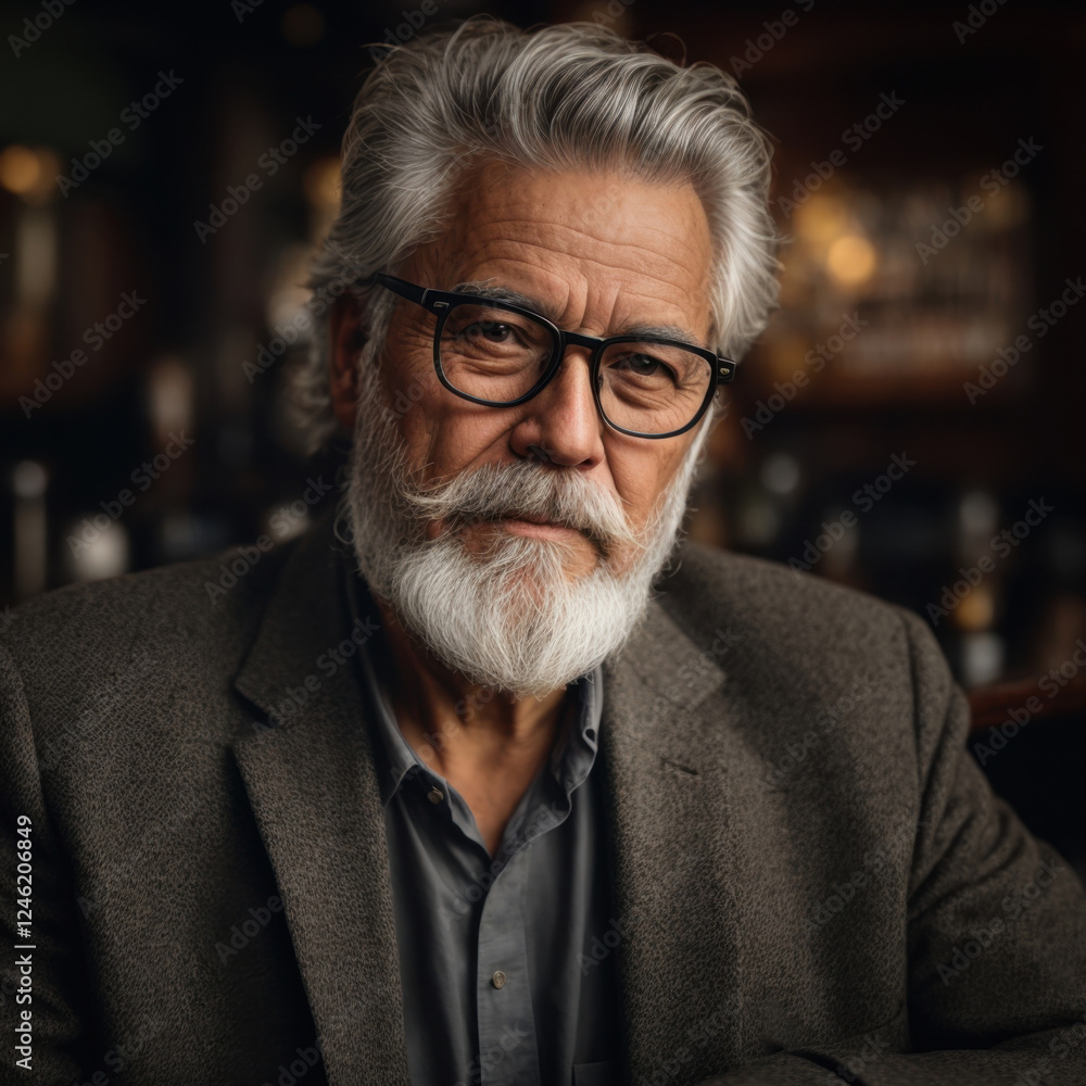 A mature man with a white beard and gray hair sits in a dimly lit setting, wearing a dark blazer over a gray shirt. His gaze is focused, suggesting a thoughtful or perhaps contemplative mood A mature man with a white beard and gray hair sits in a dimly lit setting, wearing a dark blazer over a gray shirt. His gaze is focused, suggesting a thoughtful or perhaps contemplative mood