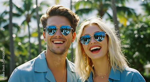 Couple wearing matching heart-shaped sunglasses, palm trees photo