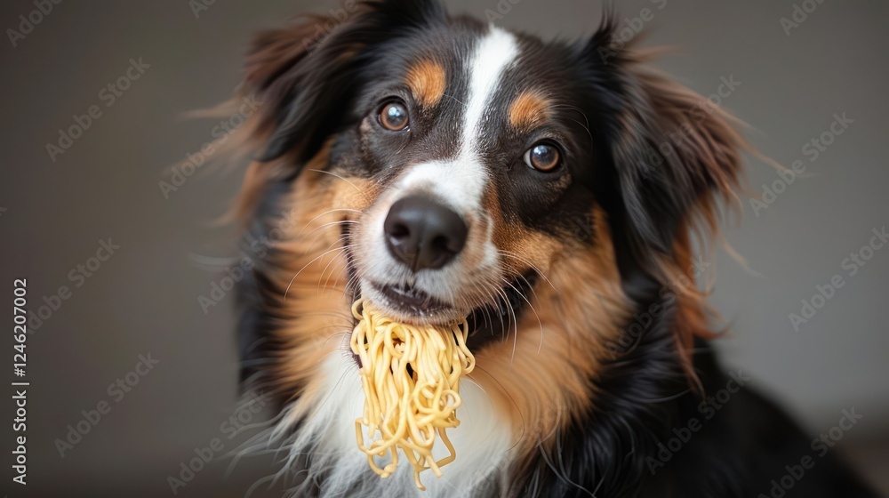 Fototapeta premium Playful dog with noodles hanging from its mouth, smiling against a blurred background