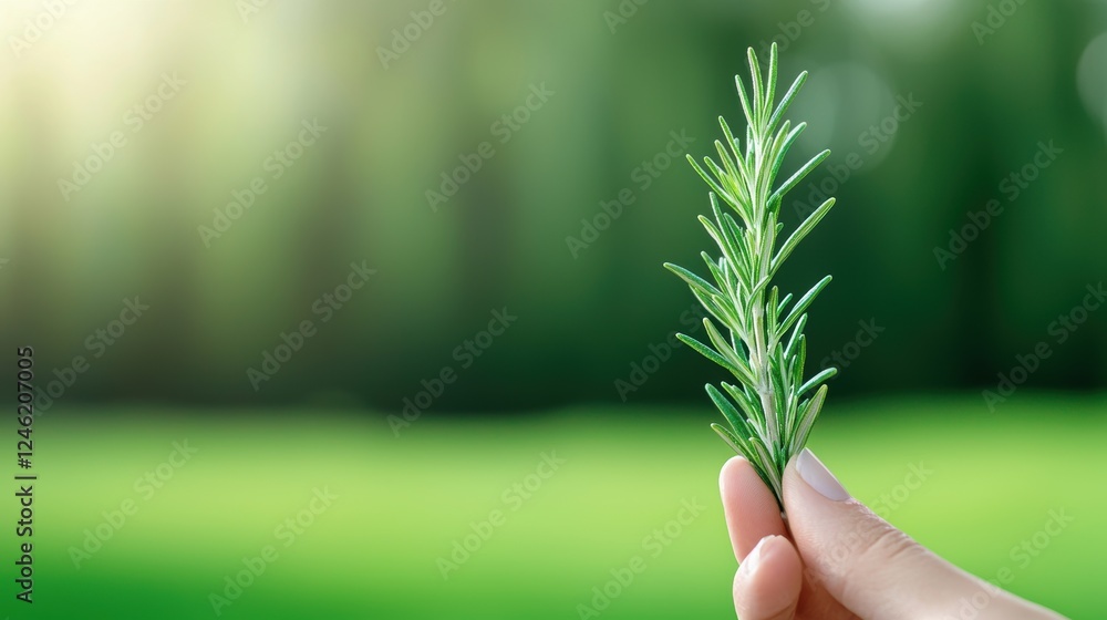 A close up shot of a hand holding a sprig of fresh rosemary, its fragrant leaves releasing their invigorating aroma.