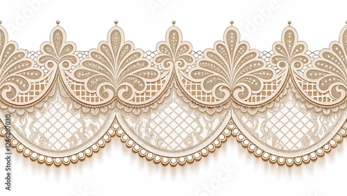 Vintage-inspired lace wedding border with scalloped edges and fine threadwork in warm beige and cream tones