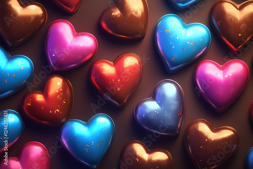 Colorful heart-shaped chocolates arranged in a vibrant pattern.