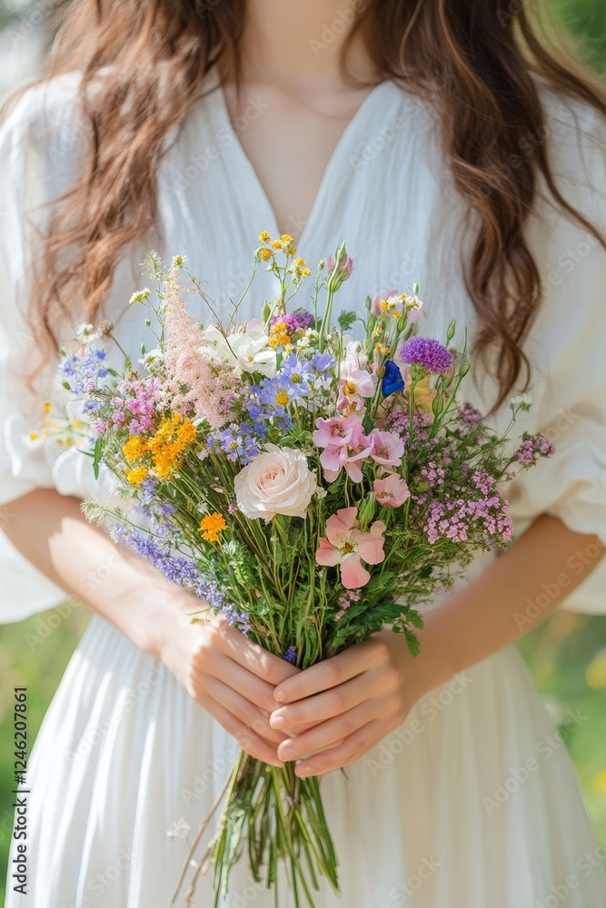 Woman in White Dress Holding a Bouquet of Colorful Wildflowers, Perfect for Spring or Summer Woman in White Dress Holding a Bouquet of Colorful Wildflowers, Perfect for Spring or Summer