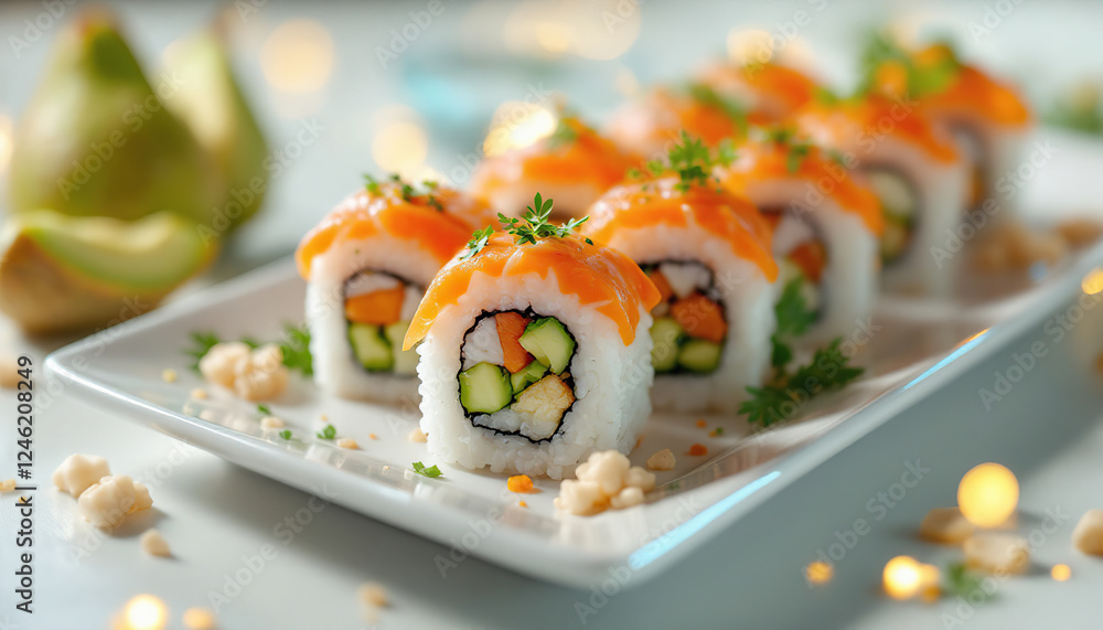 Delicious Salmon Sushi Rolls with Vegetables on Plate Delicious Salmon Sushi Rolls with Vegetables on Plate