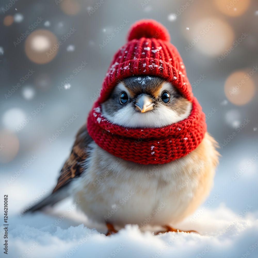 Fototapeta premium Adorable Sparrow Wearing Red Winter Hat and Scarf in Snow