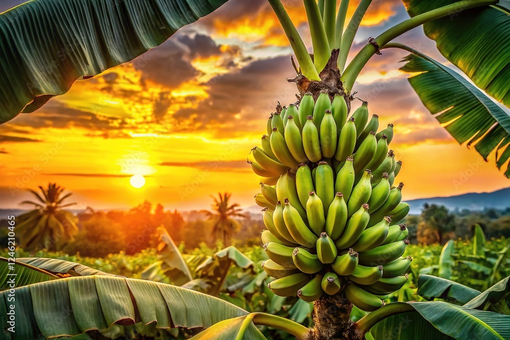 Obraz premium Vibrant sunset, ripe bananas, macro shot.