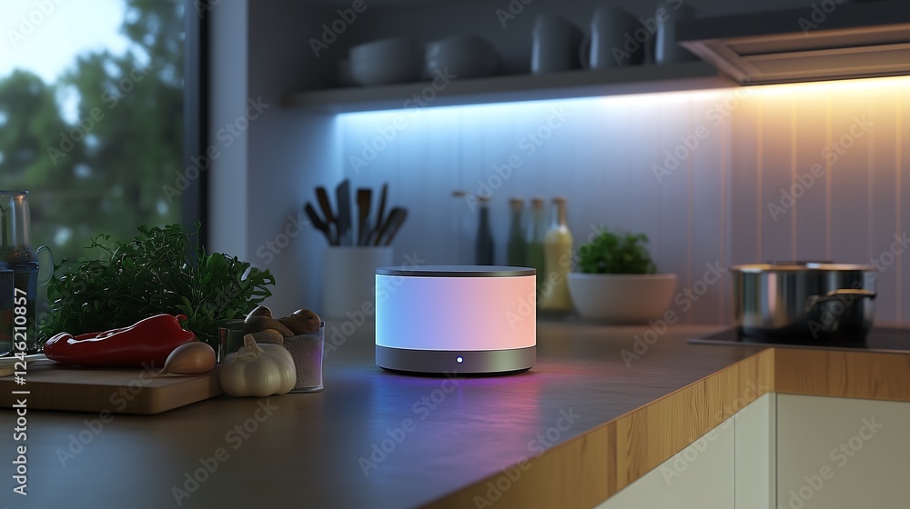Modern kitchen with a smart speaker emitting soft ambient light on a wooden countertop. Modern kitchen with a smart speaker emitting soft ambient light on a wooden countertop.