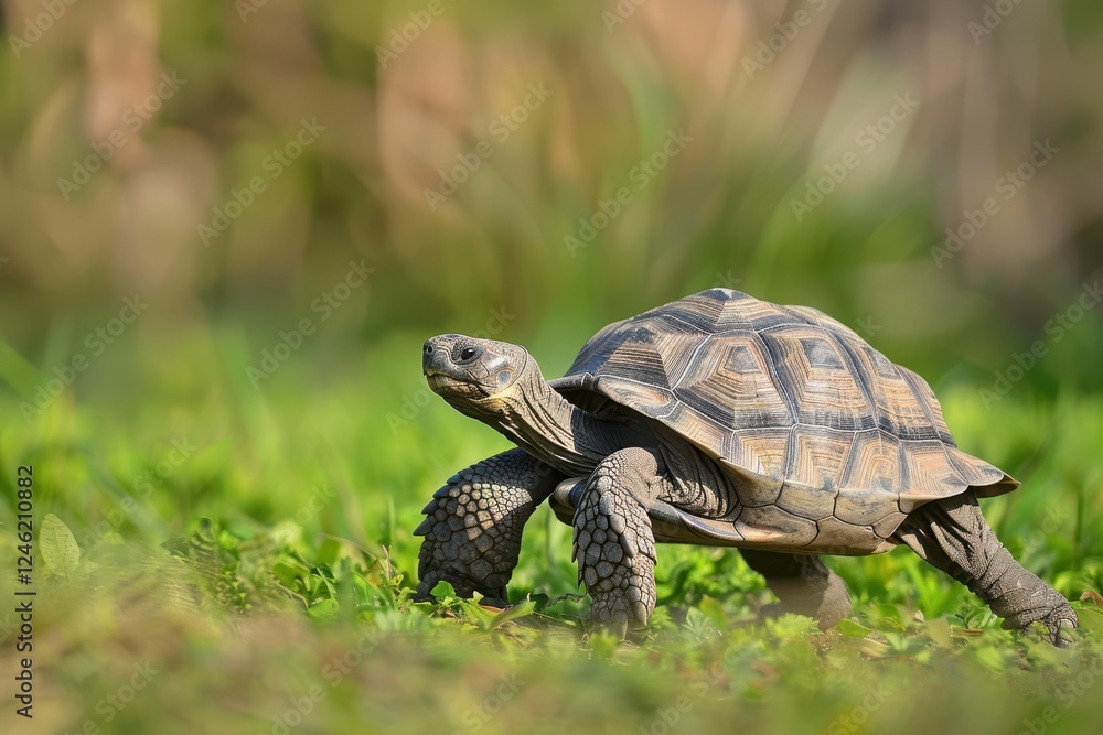 Large tortoise resting on the ground in a natural habitat surrounded by greenery in the early morning light Large tortoise resting on the ground in a natural habitat surrounded by greenery in the early morning light
