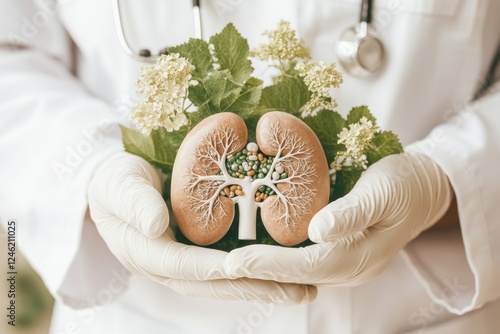 Medical Professional Holding a Detailed Liver Model Against a Neutral Background With Soft Lighting for Educational Purposes photo