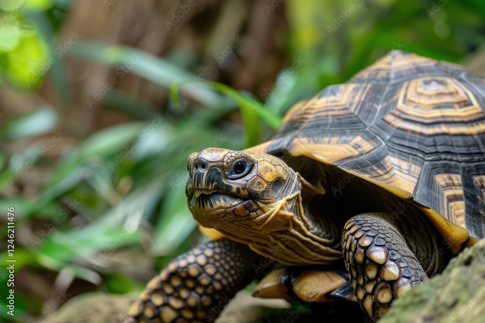 Close-up of a tortoise relaxing in its natural habitat, showcasing intricate shell patterns and focused expression under a greenery backdrop Close-up of a tortoise relaxing in its natural habitat, showcasing intricate shell patterns and focused expression under a greenery backdrop