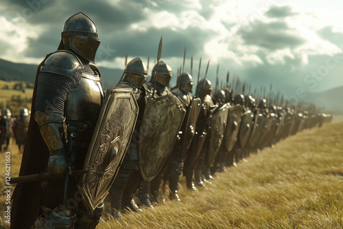 Row of soldiers in medieval armor preparing for battle on open field surrounded by hills under cloudy sky presenting strong defense and determination