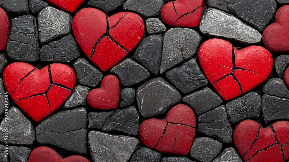 Obraz premium Cracked Red Hearts Among Dark Stones Texture