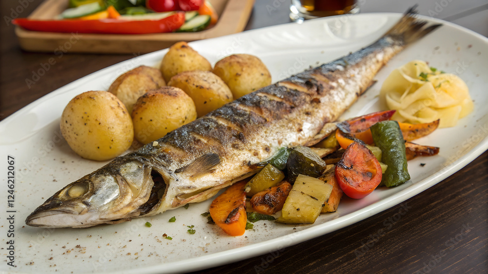 Grilled Fish with Potato and Vegetables. Grilled Fish with Potato and Vegetables.