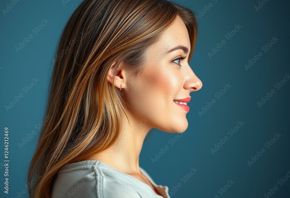 Female profile portrait with soft blue background Female profile portrait with soft blue background
