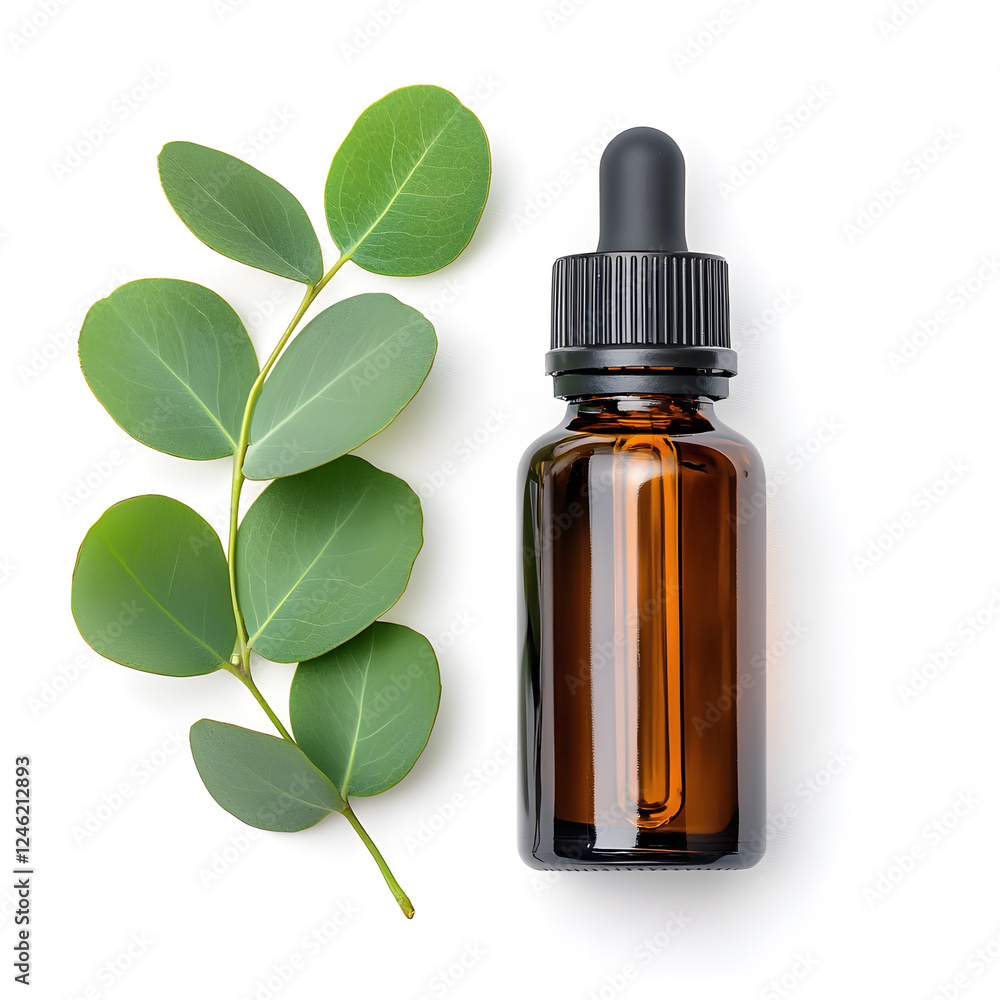 Eucalyptus oil extract glass bottle mock up flat lay with eucalyptus branches isolated on white
Eucalyptus oil extract glass bottle mock up flat lay with eucalyptus branches isolated on white