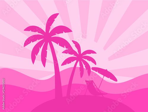 Tropical sunset background with pink palm trees, sun rays, rolling hills, and a beach chair under an umbrella, creating a relaxing summer vacation vibe