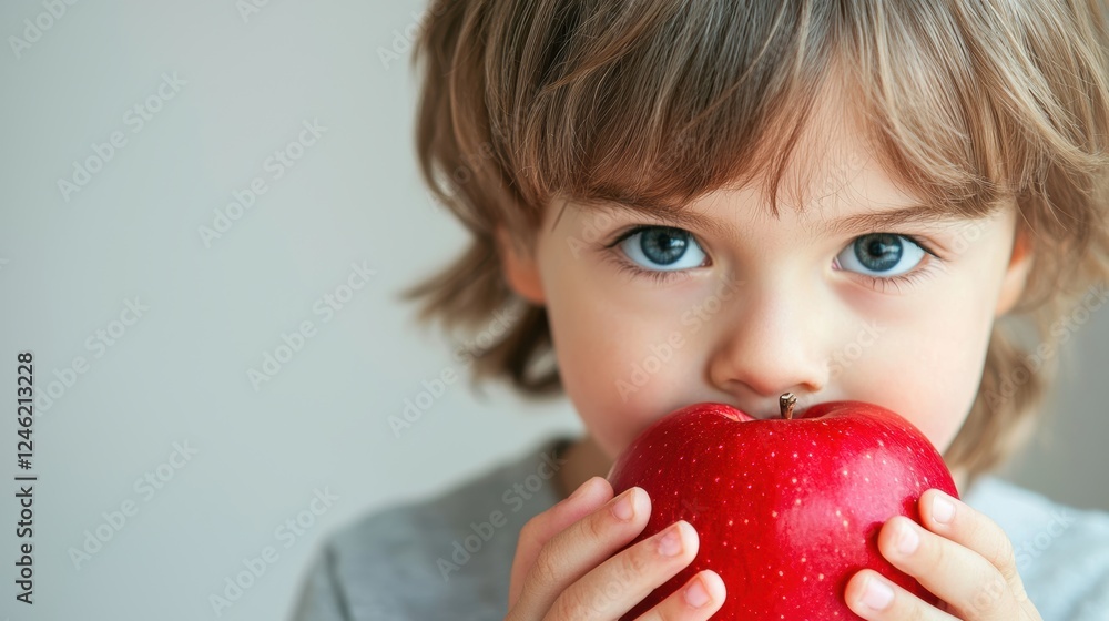 A young boy eagerly bites into a crisp red apple, his face lit up with the pure enjoyment of a healthy and delicious snack. A young boy eagerly bites into a crisp red apple, his face lit up with the pure enjoyment of a healthy and delicious snack.