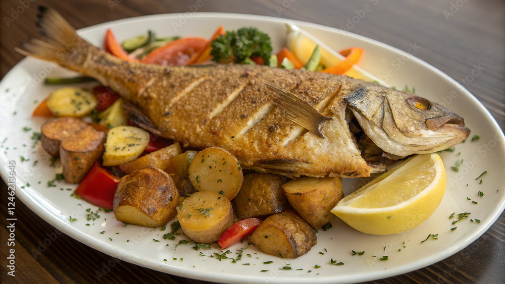 Grilled Fish with Potato and Vegetables. Grilled Fish with Potato and Vegetables.