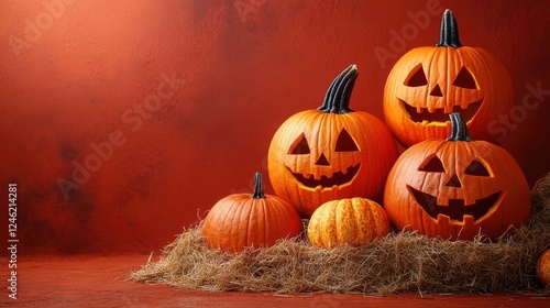 halloween pumpkins on straw and orange background with copy space photo