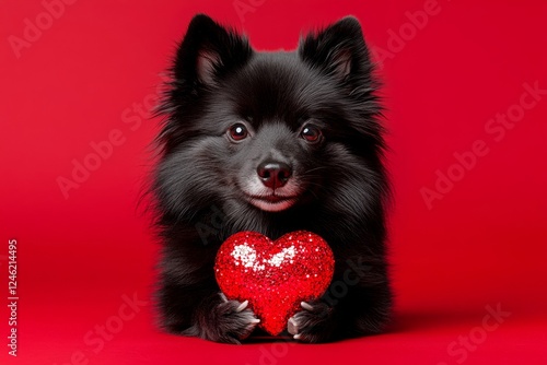 Finnish lapphund - my treasured dog. Cute finnish lapphund hound with sparkling rhinestones red heart - symbol of love, funny greeting card. Marketing conceptual art. Puppy valentine's day. photo