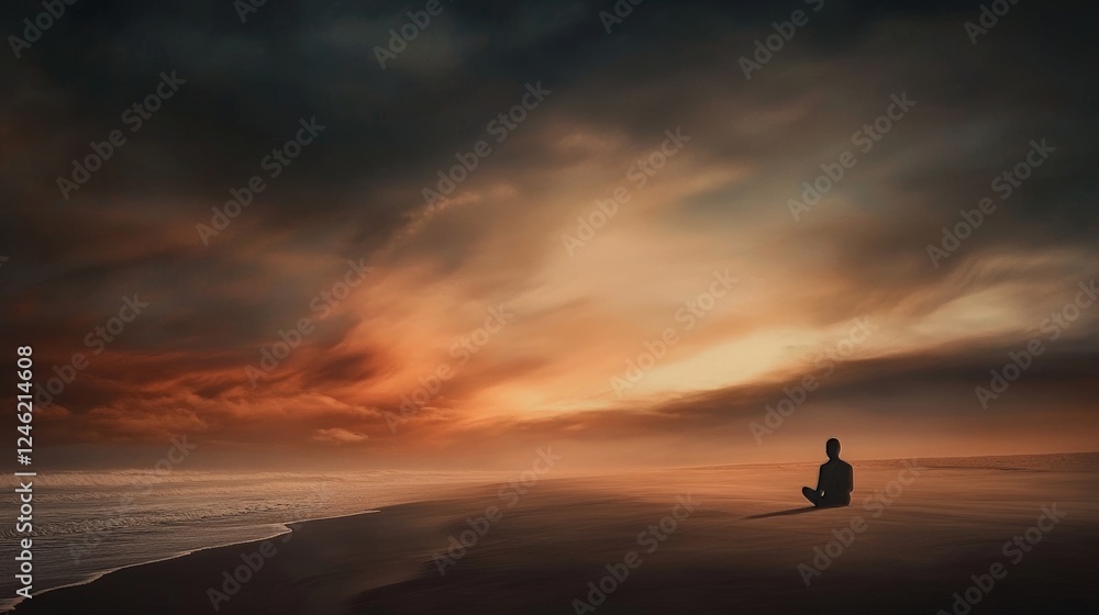 A serene beach scene at sunset, reflecting off the calm waves of the ocean. A lone figure stands silhouetted in the foreground, creating a peaceful and introspective mood. A serene beach scene at sunset, reflecting off the calm waves of the ocean. A lone figure stands silhouetted in the foreground, creating a peaceful and introspective mood.