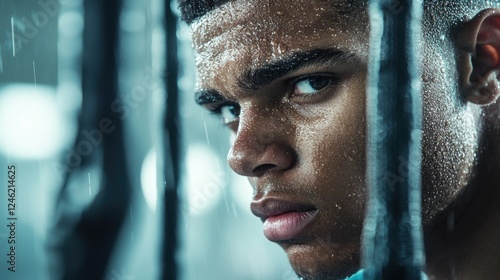 A determined athlete pushes through pain during a physical therapy session, his face reflecting his commitment to recovery and regaining his strength. photo