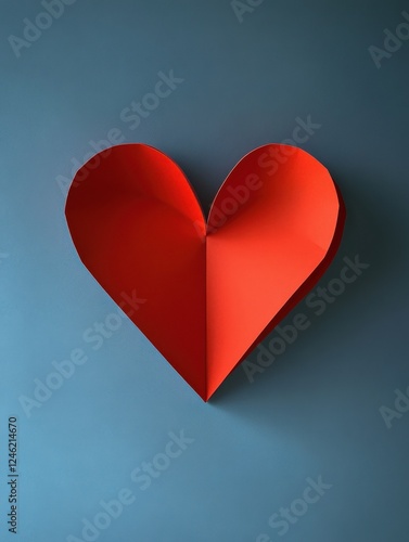 A red paper heart in a blue background represents love, often used in valentine and wedding decorations and designs._00001_ photo