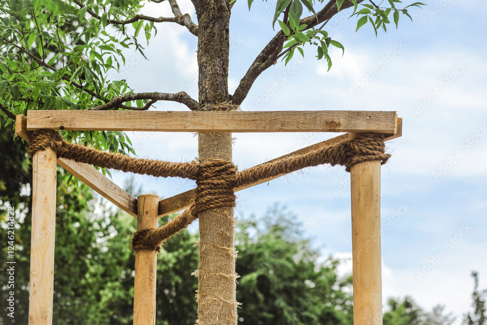 Tree Stake and Tie with Rope. Planting and Support Young Tree Seedlings Close up. Landscaping Tree Support. Tree Stake and Tie with Rope. Planting and Support Young Tree Seedlings Close up. Landscaping Tree Support.
