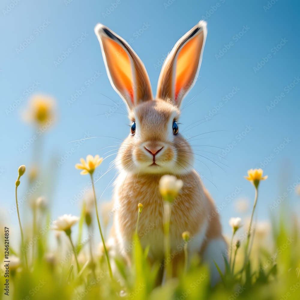Obraz premium Adorable Bunny Among Bright Spring Flowers in a Vibrant Meadow Setting