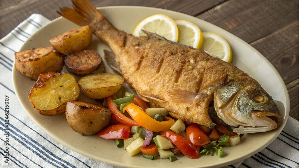 Grilled Fish with Potato and Vegetables. Grilled Fish with Potato and Vegetables.
