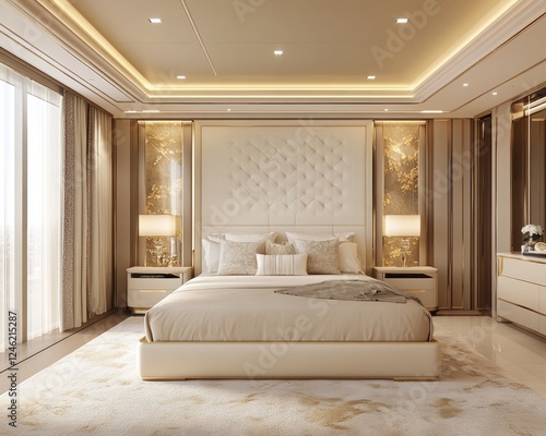 Modern luxurious bedroom with elegant decor.